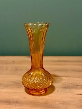 Vintage Amber Glass Bud Vase MCM Diamond Pattern Crimped Rim